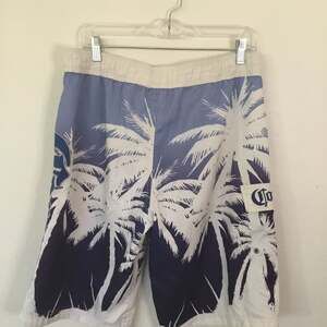 Corona Extra Palm Tree Board Shorts, Blue/White Gradient sz L beach resort iconi